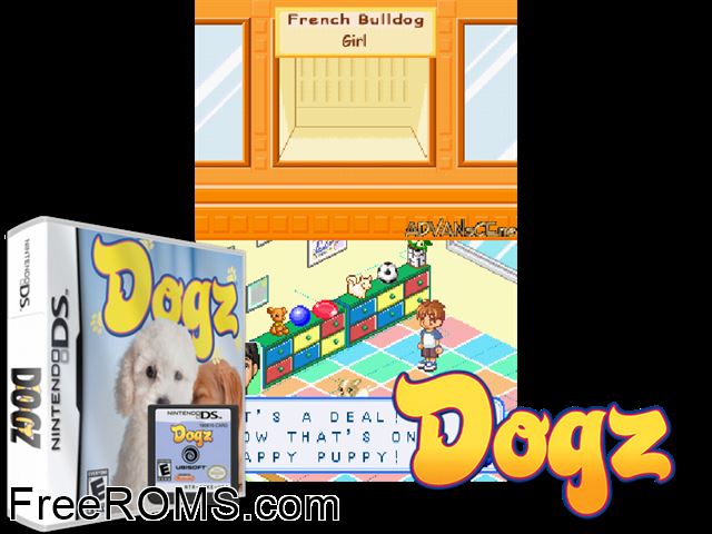 Dogz NDS game showing 3D box cover and gameplay screenshot