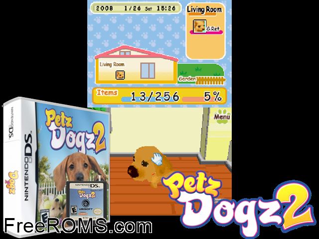 Dogz 2 Europe NDS game showing 3D box cover and gameplay screenshot