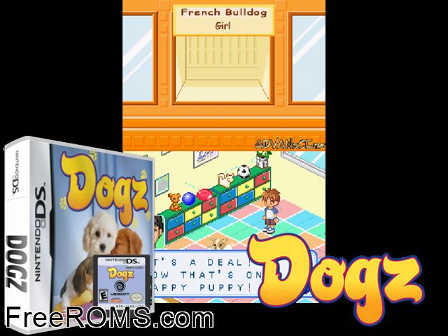 Dogz Europe NDS game showing 3D box cover and gameplay screenshot