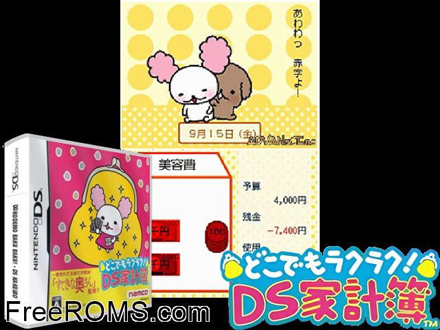 Doko Demo Raku Raku! DS Kakeibo Japan NDS game showing 3D box cover and gameplay screenshot