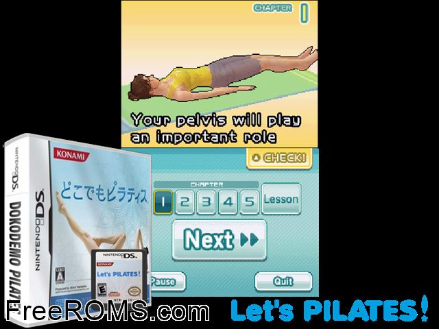 Dokodemo Pilates Japan NDS game showing 3D box cover and gameplay screenshot