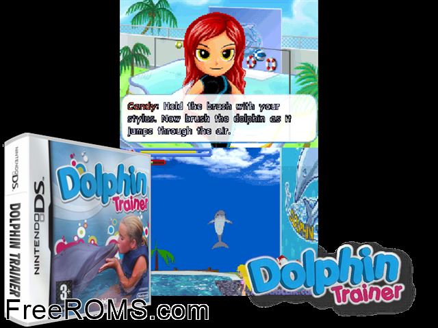 Dolphin Trainer Europe NDS game showing 3D box cover and gameplay screenshot
