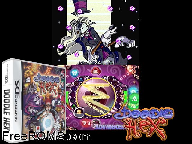 Doodle Hex Europe NDS game showing 3D box cover and gameplay screenshot