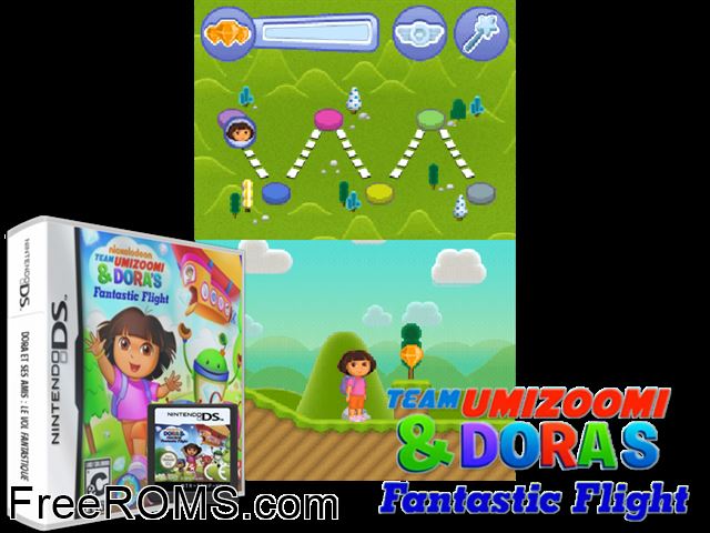 Dora and Friends Fantastic Flight Europe NDS game showing 3D box cover and gameplay screenshot