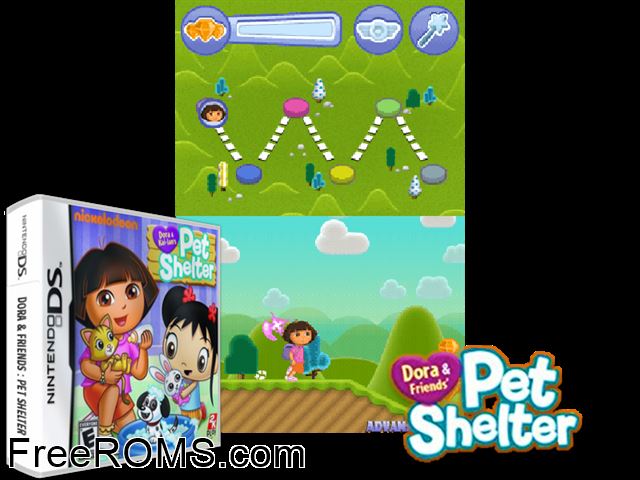 Dora and Friends Pet Shelter Europe NDS game showing 3D box cover and gameplay screenshot