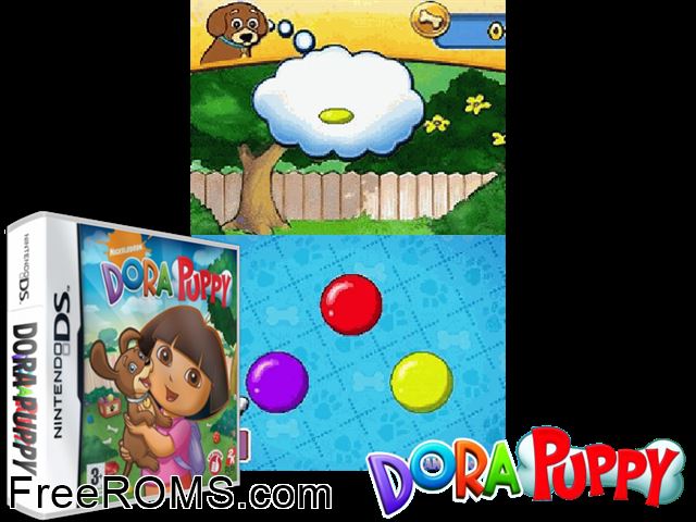 Dora Puppy NDS game showing 3D box cover and gameplay screenshot