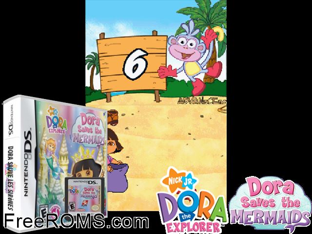 Dora the Explorer - Dora Saves the Mermaids NDS game showing 3D box cover and gameplay screenshot