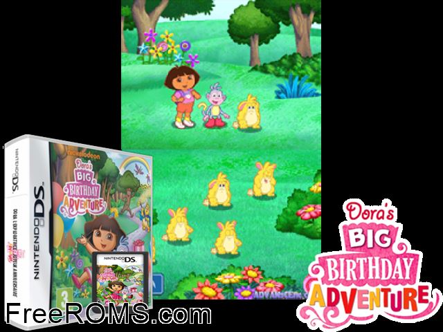 Doras Big Birthday Adventure NDS game showing 3D box cover and gameplay screenshot