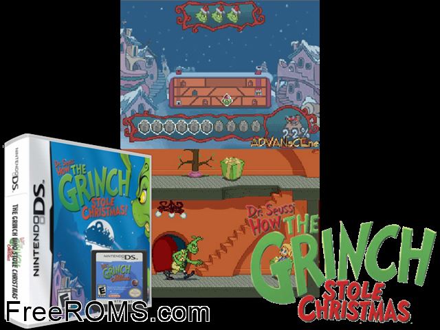 Dr. Seuss - How the Grinch Stole Christmas! Europe NDS game showing 3D box cover and gameplay screenshot