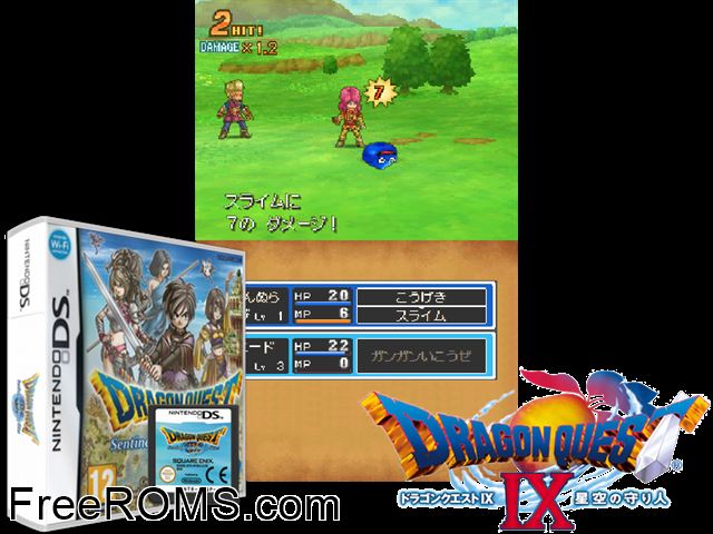 Dragon Quest IX - Sentinels of the Starry Skies Europe NDS game showing 3D box cover and gameplay screenshot