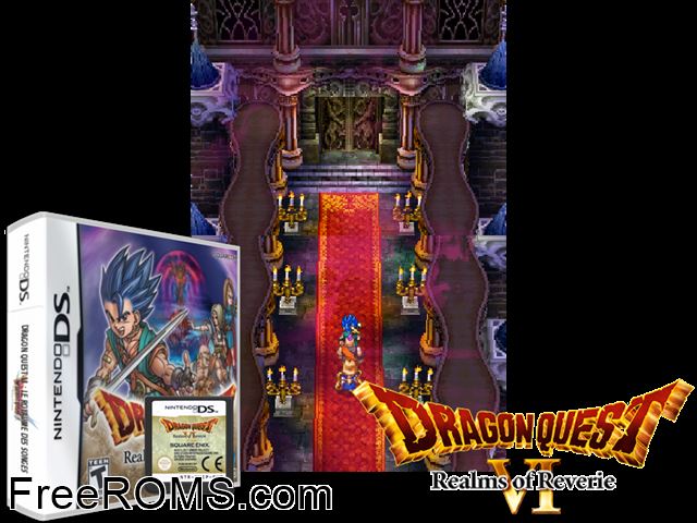 Dragon Quest VI - Realms of Reverie Europe NDS game showing 3D box cover and gameplay screenshot