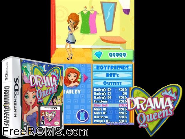 Drama Queens Europe NDS game showing 3D box cover and gameplay screenshot