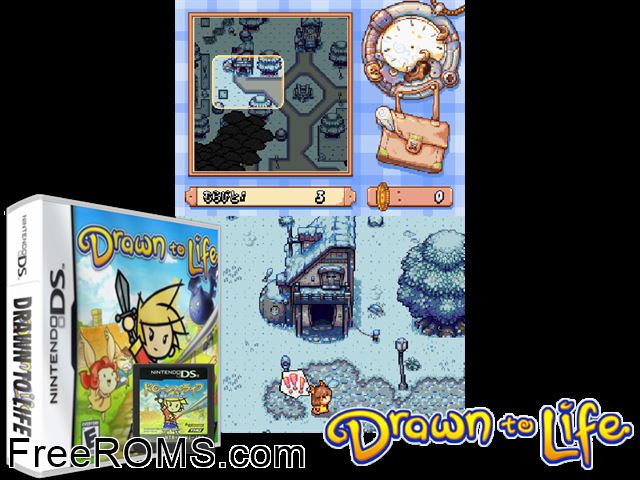 Drawn to Life NDS game showing 3D box cover and gameplay screenshot