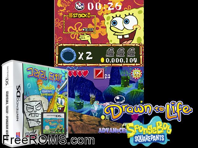 Drawn to Life - SpongeBob Edition NDS game showing 3D box cover and gameplay screenshot