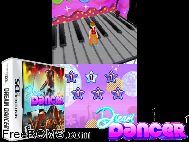 Dream Dancer NDS game showing 3D box cover and gameplay screenshot