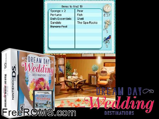 Dream Day Wedding - Destinations NDS game showing 3D box cover and gameplay screenshot