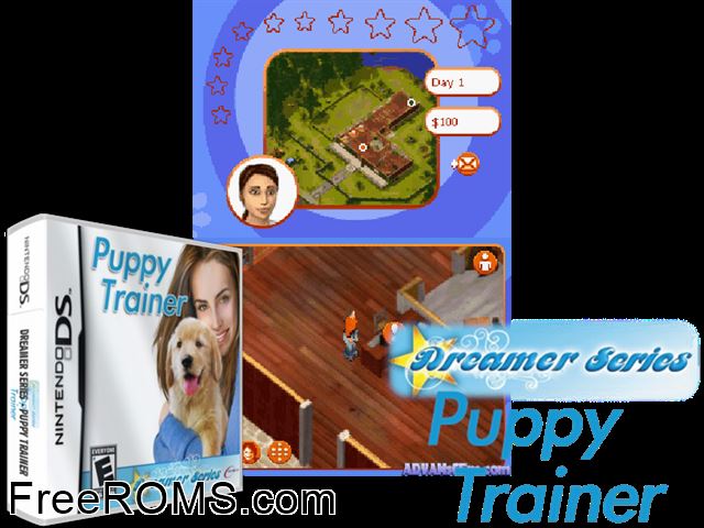 Dreamer Series - Puppy Trainer NDS game showing 3D box cover and gameplay screenshot