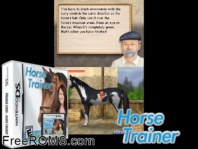 Dreamer Series Horse Trainer NDS game showing 3D box cover and gameplay screenshot