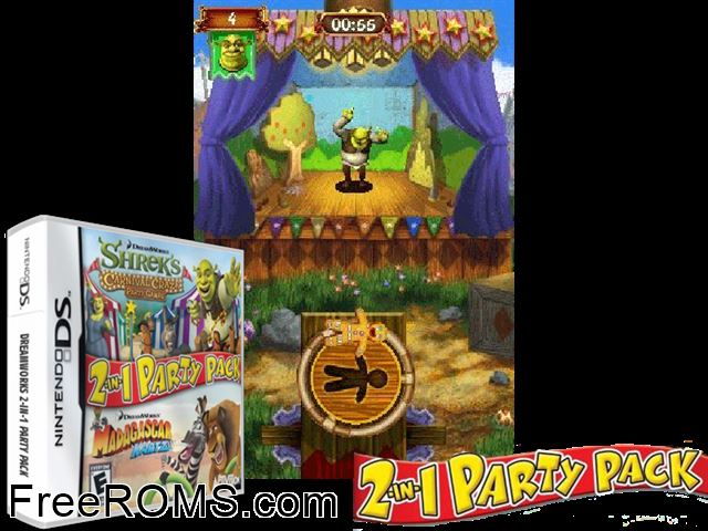 Dreamworks 2 in 1 Party Pack NDS game showing 3D box cover and gameplay screenshot