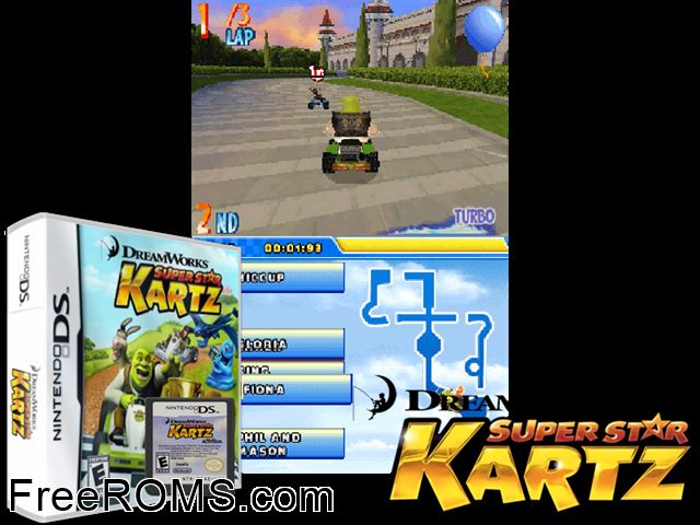 DreamWorks Super Star Kartz NDS game showing 3D box cover and gameplay screenshot