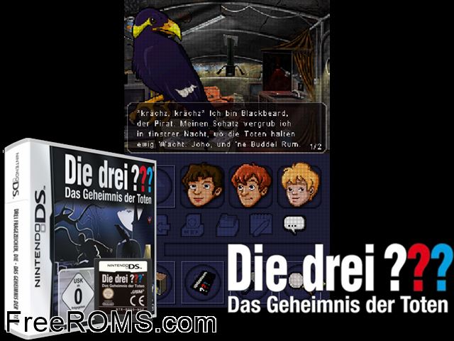 Drei Fragezeichen - Das Geheimnis der Toten Die Germany NDS game showing 3D box cover and gameplay screenshot