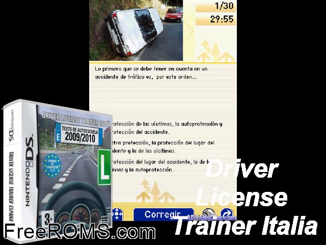 Driver License Trainer Espana - Tests de Autoescuela 2009-2010 NDS game showing 3D box cover and gameplay screenshot