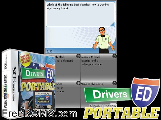 Drivers Ed Portable NDS game showing 3D box cover and gameplay screenshot