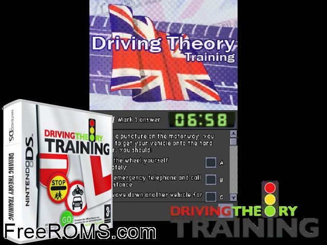 Driving Theory Training Europe NDS game showing 3D box cover and gameplay screenshot