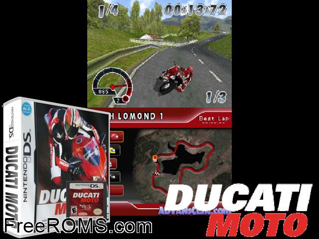 Ducati Moto Europe NDS game showing 3D box cover and gameplay screenshot
