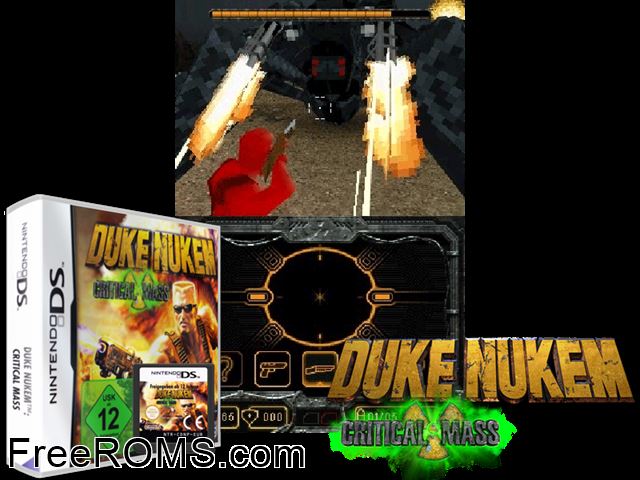 Duke Nukem - Critical Mass NDS game showing 3D box cover and gameplay screenshot