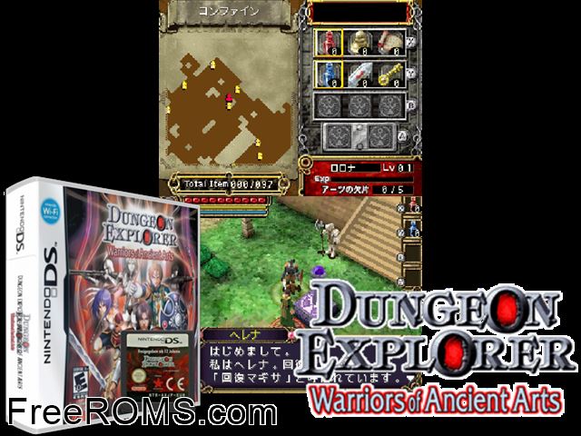 Dungeon Explorer - Warriors of Ancient Arts NDS game showing 3D box cover and gameplay screenshot