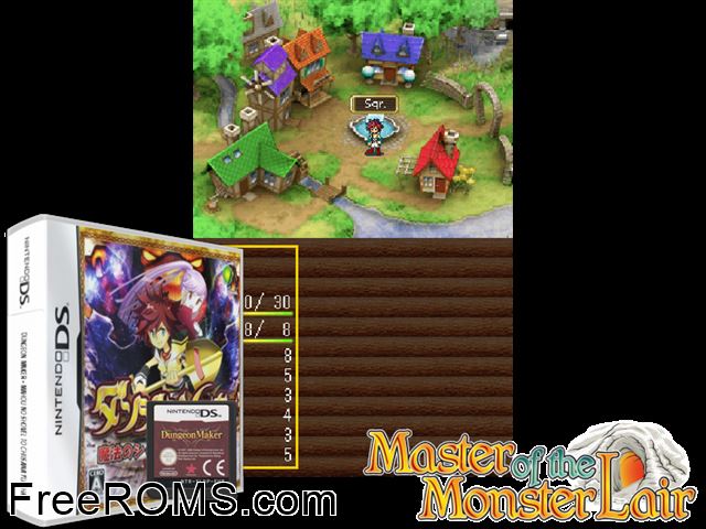 Dungeon Maker - Mahou no Shovel to Chiisana Yuusha Japan NDS game showing 3D box cover and gameplay screenshot