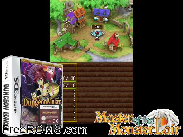 Dungeon Maker Europe NDS game showing 3D box cover and gameplay screenshot