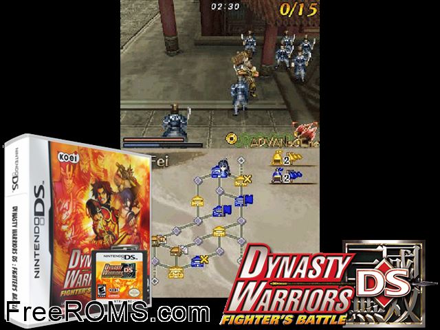 Dynasty Warriors DS - Fighters Battle Europe NDS game showing 3D box cover and gameplay screenshot