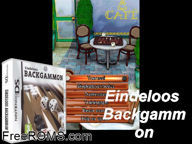 Eindeloos Backgammon Netherlands NDS game showing 3D box cover and gameplay screenshot