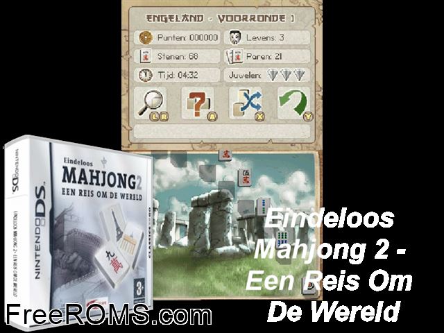 Eindeloos Mahjong 2 - Een Reis om de Wereld Netherlands NDS game showing 3D box cover and gameplay screenshot