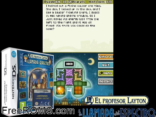 El Profesor Layton y la Llamada del Espectro Spain NDS game showing 3D box cover and gameplay screenshot