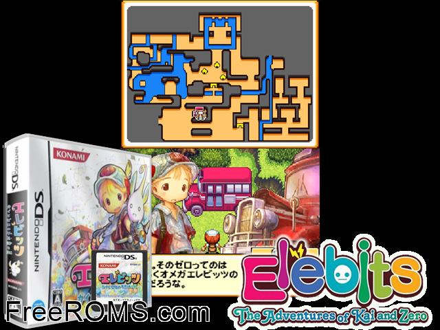Elebits - Kai to Zero no Fushigi na Tabi Japan NDS game showing 3D box cover and gameplay screenshot