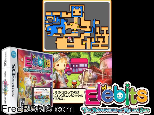 Elebits - The Adventures of Kai and Zero NDS game showing 3D box cover and gameplay screenshot