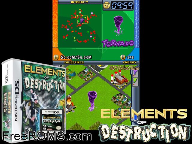 Elements of Destruction NDS game showing 3D box cover and gameplay screenshot