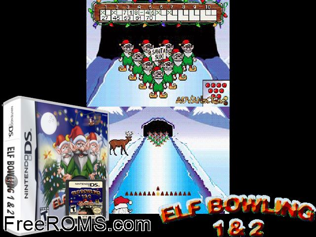 Elf Bowling 1 and 2 NDS game showing 3D box cover and gameplay screenshot