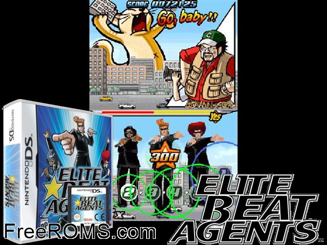 Elite Beat Agents NDS game showing 3D box cover and gameplay screenshot