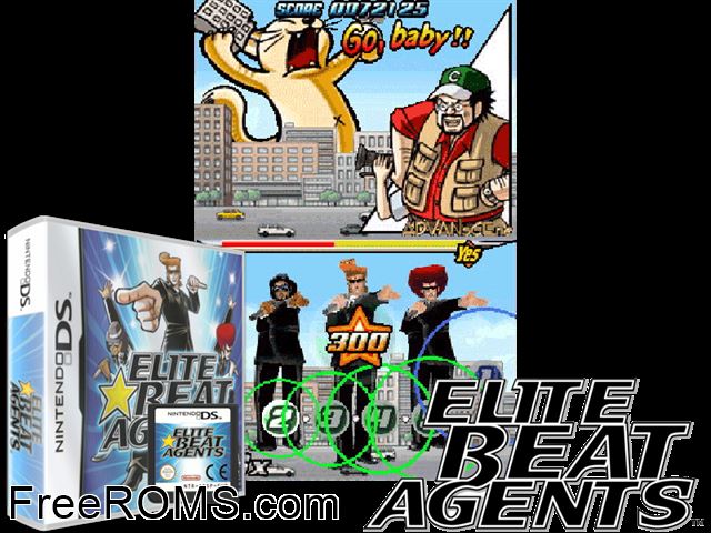 Elite Beat Agents Europe NDS game showing 3D box cover and gameplay screenshot