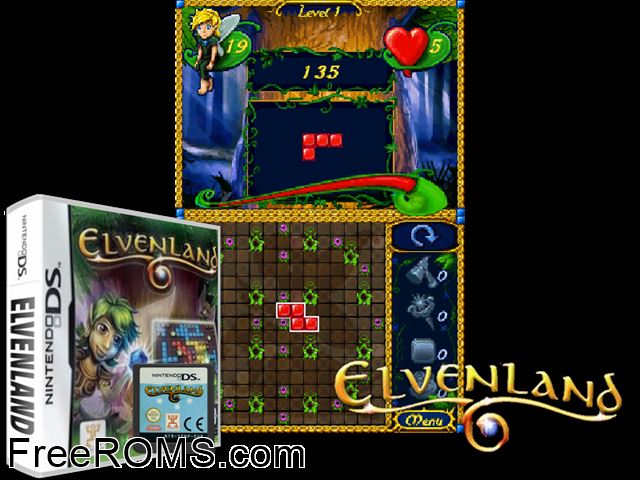 ElvenLand Europe NDS game showing 3D box cover and gameplay screenshot