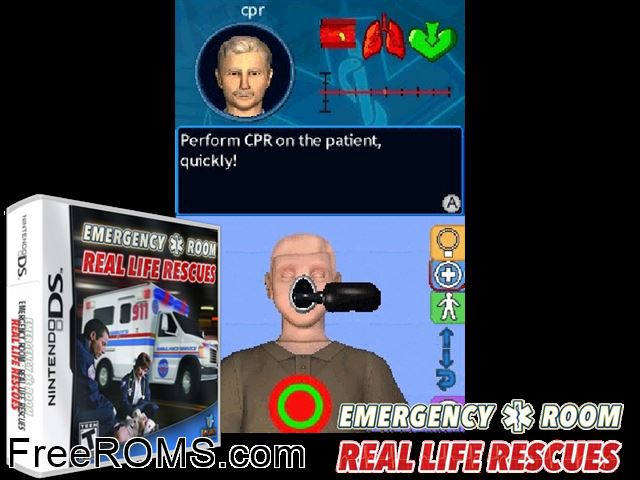 Emergency Room - Real Life Rescues NDS game showing 3D box cover and gameplay screenshot