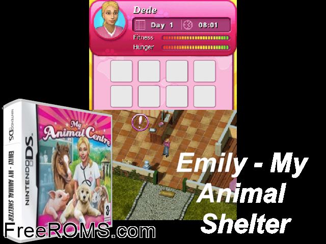 Emily - My Animal Shelter Europe NDS game showing 3D box cover and gameplay screenshot