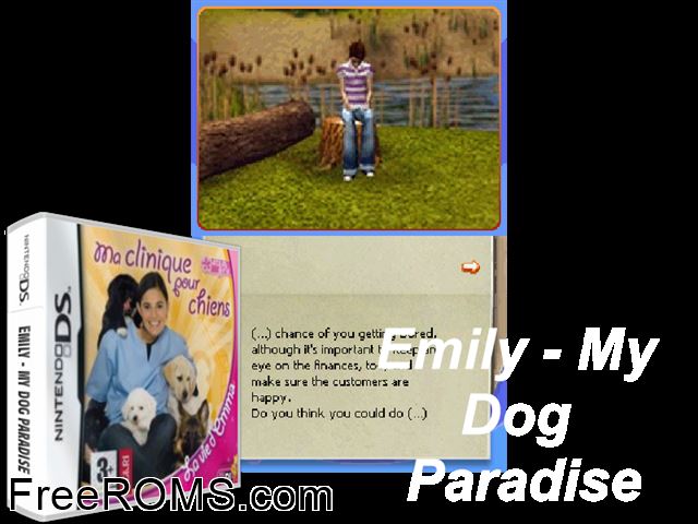 Emily - My Dog Paradise Europe NDS game showing 3D box cover and gameplay screenshot