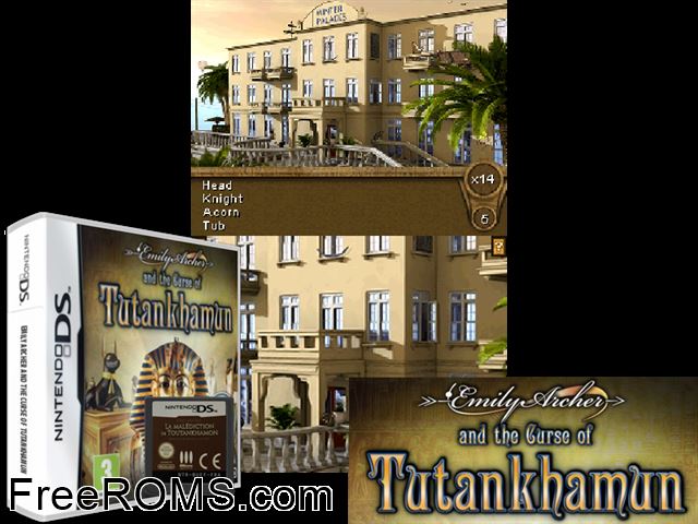 Emily Archer - The Curse of King Tuts Tomb Europe NDS game showing 3D box cover and gameplay screenshot