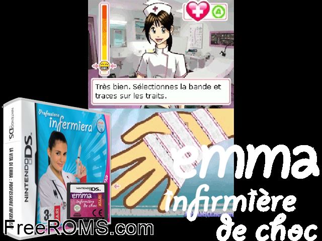 Emma Student Nurse Europe NDS game showing 3D box cover and gameplay screenshot