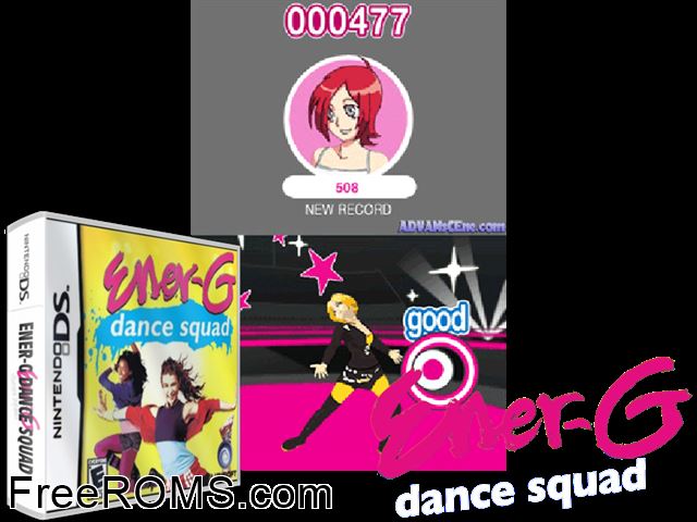 Ener-G - Dance Squad NDS game showing 3D box cover and gameplay screenshot